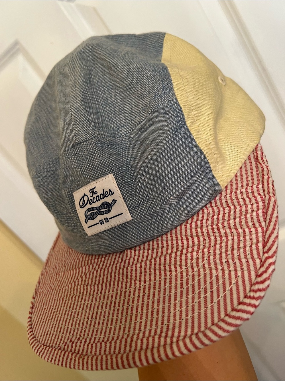 The Decades Hat co. Five-Panel Cap in Blue, Yellow & Red stripes